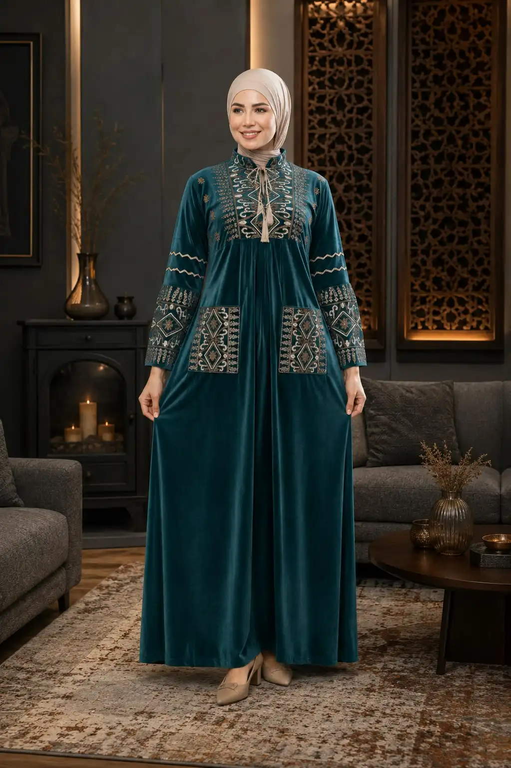 جلابية مخمل بترولية طويلة بتطريز تراثي بيج على الصدر والأكمام وجيبين مربعين مطرزين